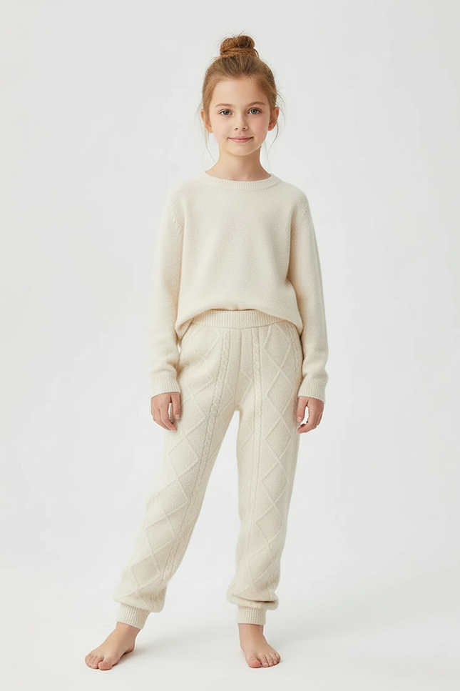 Pantalon Beige Tricoté Losanges Doux Confortable Fille - Laine