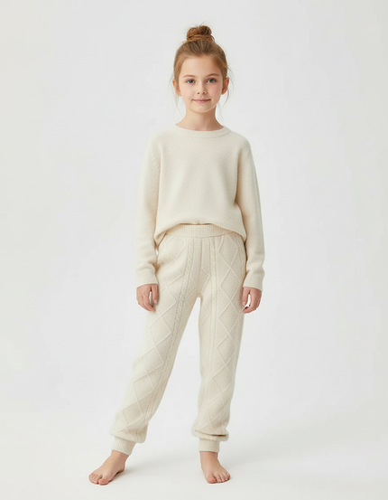Pantalon Beige Tricoté Losanges Doux Confortable Fille - Laine