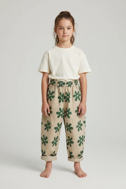 Pantalon Beige Imprimé Floral Coton Harem Enfant