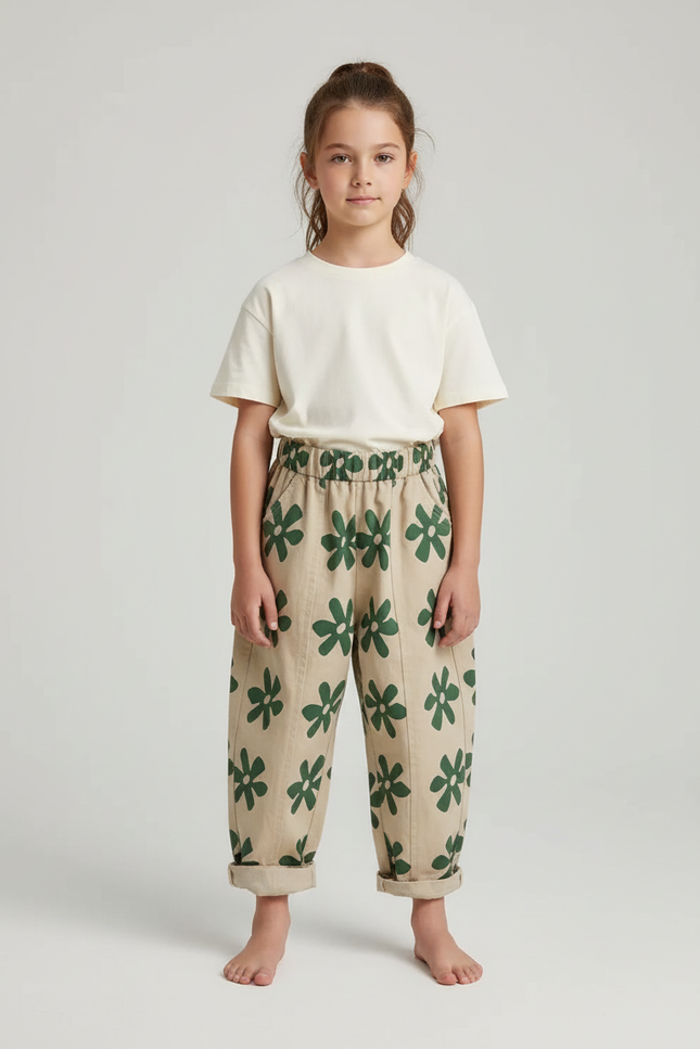 Pantalon Beige Imprimé Floral Coton Harem Enfant