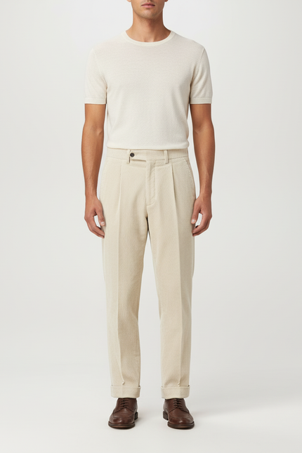 Pantalon Beige Côtelé Plissé Droit Élégant Homme - Cordé