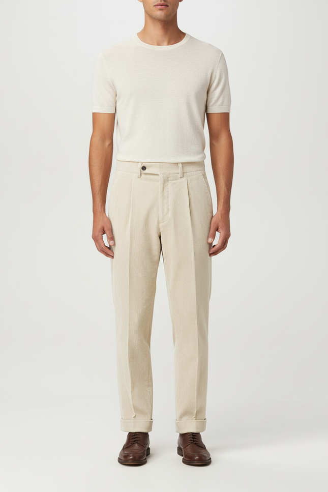 Pantalon Beige Côtelé Plissé Droit Élégant Homme - Cordé