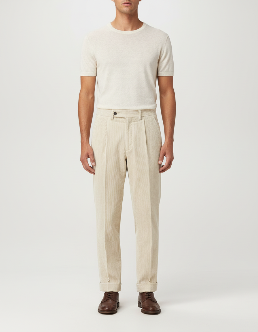 Pantalon Beige Côtelé Plissé Droit Élégant Homme - Cordé