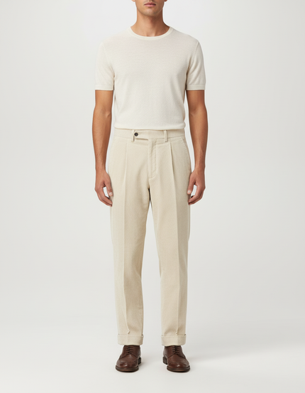 Pantalon Beige Côtelé Plissé Droit Élégant Homme - Cordé