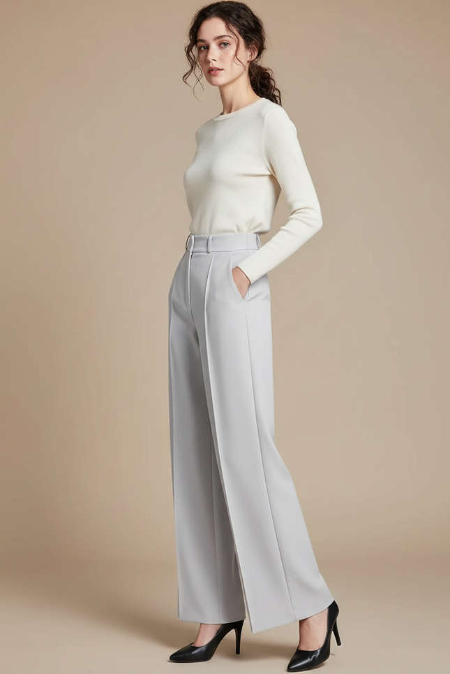 Pantalon Beige Évasé Taille Haute Fluide Élégant - Gris Polyester