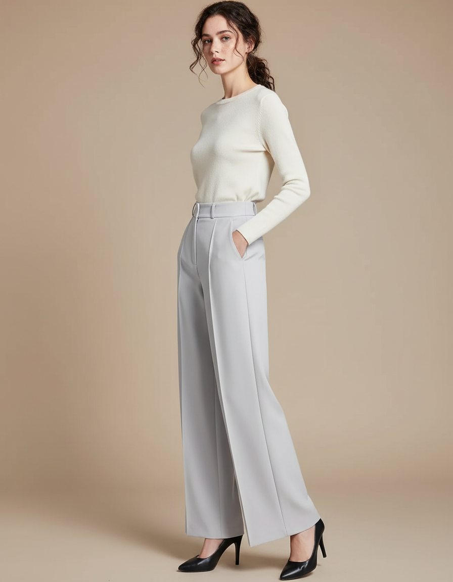 Pantalon Beige Évasé Taille Haute Fluide Élégant - Gris Polyester