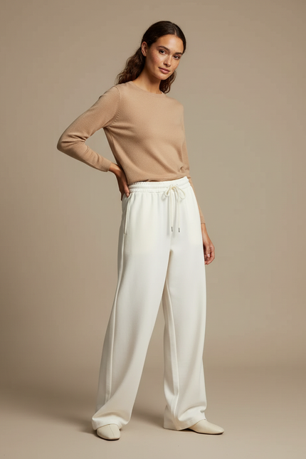 Pantalon Beige Fluide Ample Taille Haute Décontracté Femme - Blanc Maille