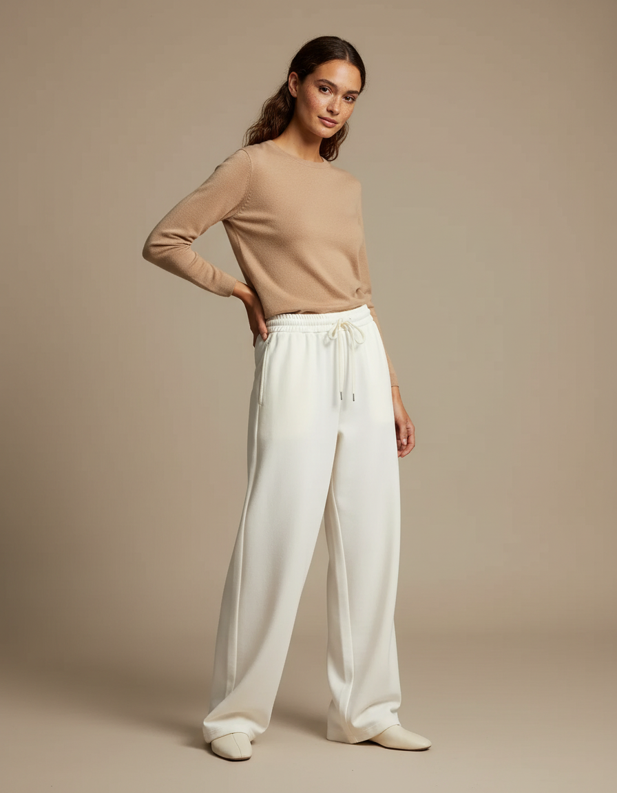Pantalon Beige Fluide Ample Taille Haute Décontracté Femme - Blanc Maille