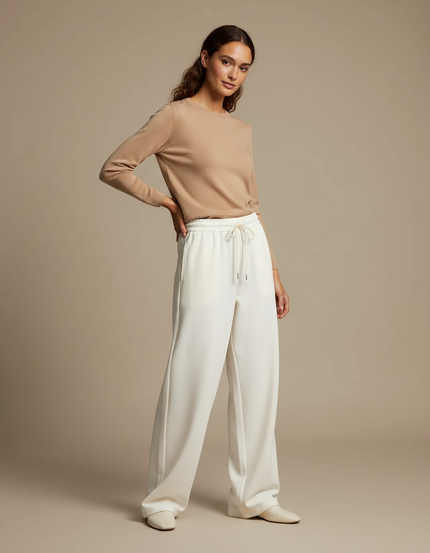 Pantalon Beige Fluide Ample Taille Haute Décontracté Femme - Blanc Maille