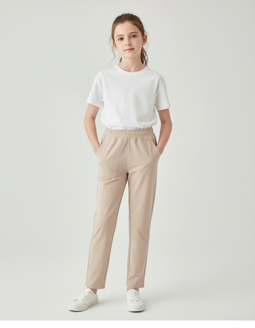 Pantalon Beige Droit Décontracté Élastique Fille - Polyester