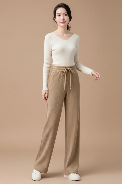 Pantalon Beige Côtelé Ample Décontracté Cordon - Cordé