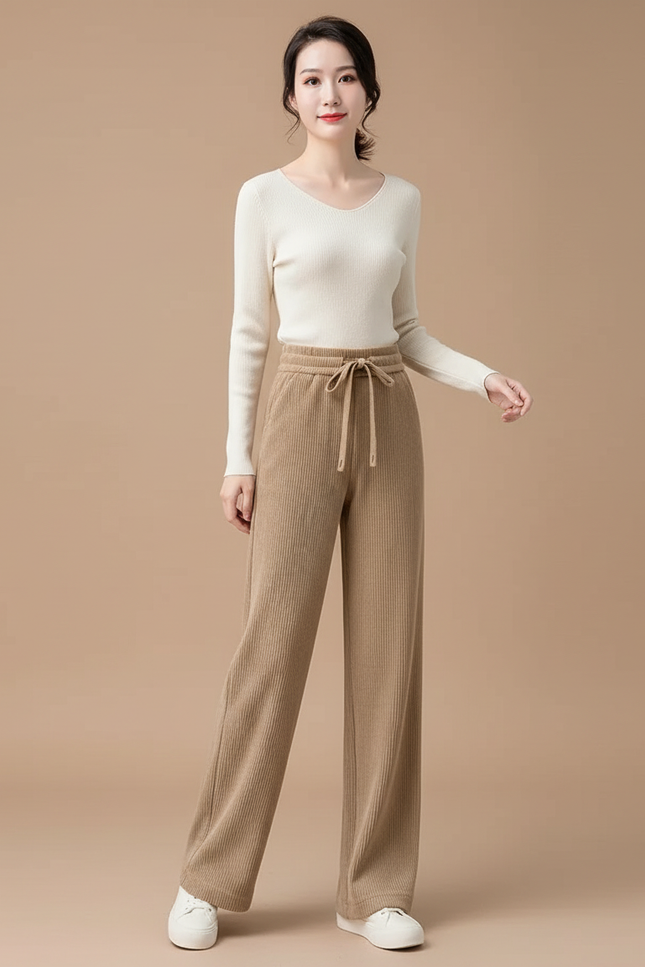 Pantalon Beige Côtelé Ample Décontracté Cordon - Cordé