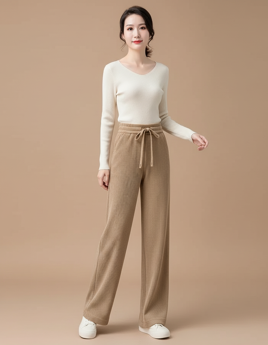 Pantalon Beige Côtelé Ample Décontracté Cordon - Cordé