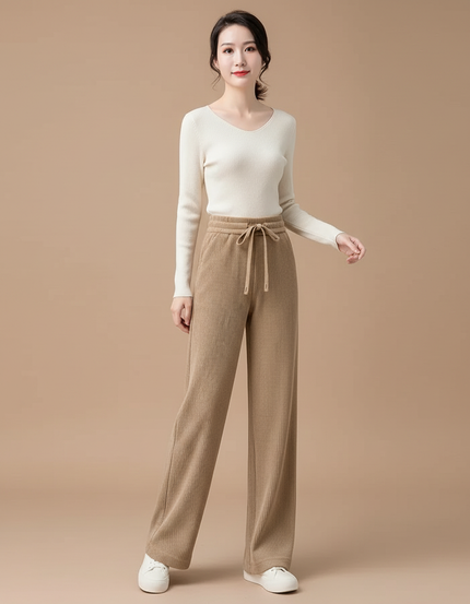 Pantalon Beige Côtelé Ample Décontracté Cordon - Cordé