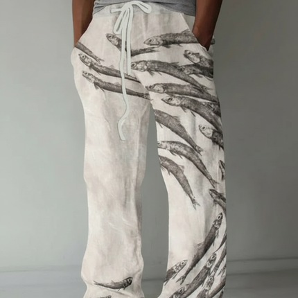 Pantalon Beige Ample Décontracté Lin Imprimé Poissons