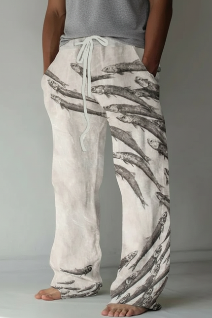 Pantalon Beige Ample Décontracté Lin Imprimé Poissons