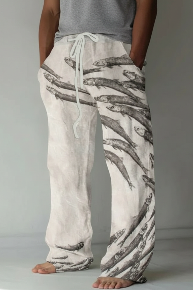 Pantalon Beige Ample Décontracté Lin Imprimé Poissons