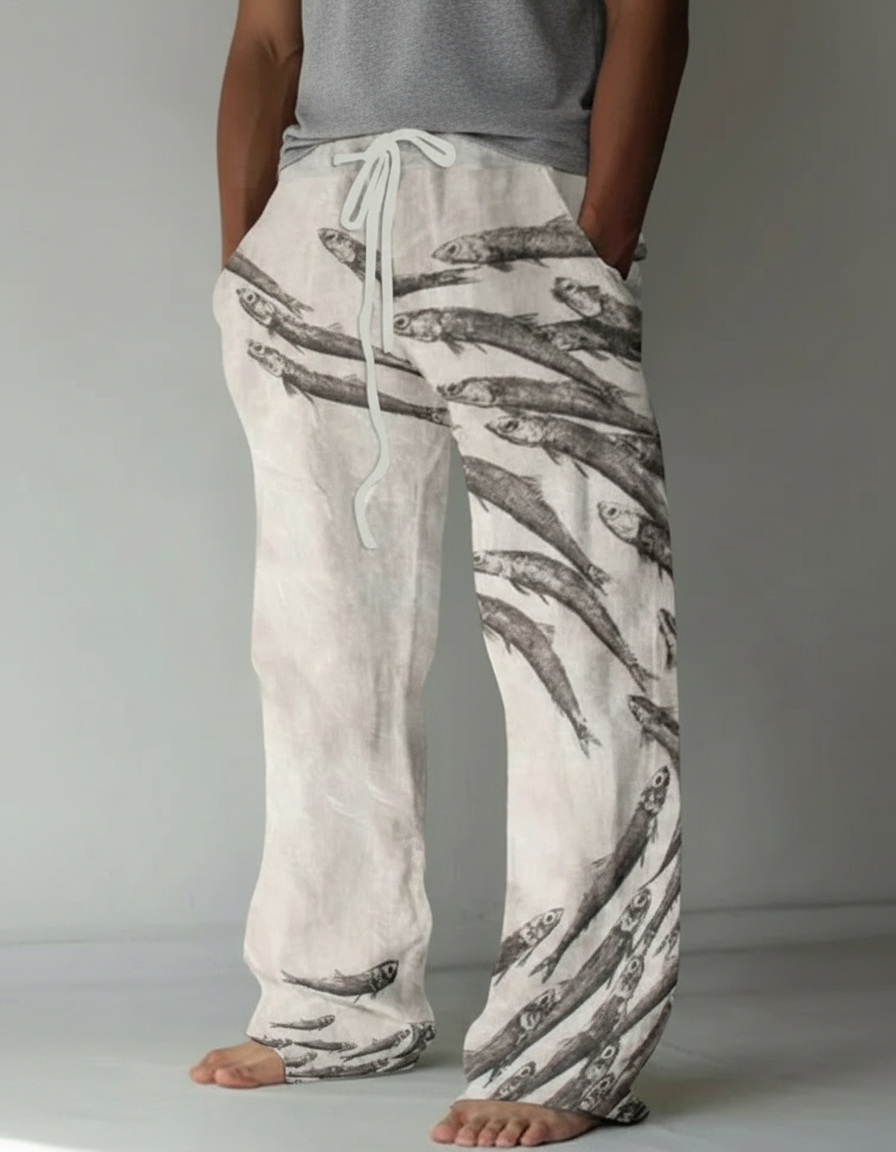 Pantalon Beige Ample Décontracté Lin Imprimé Poissons