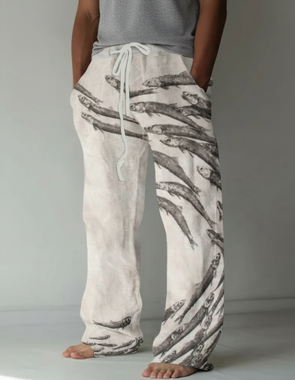 Pantalon Beige Ample Décontracté Lin Imprimé Poissons