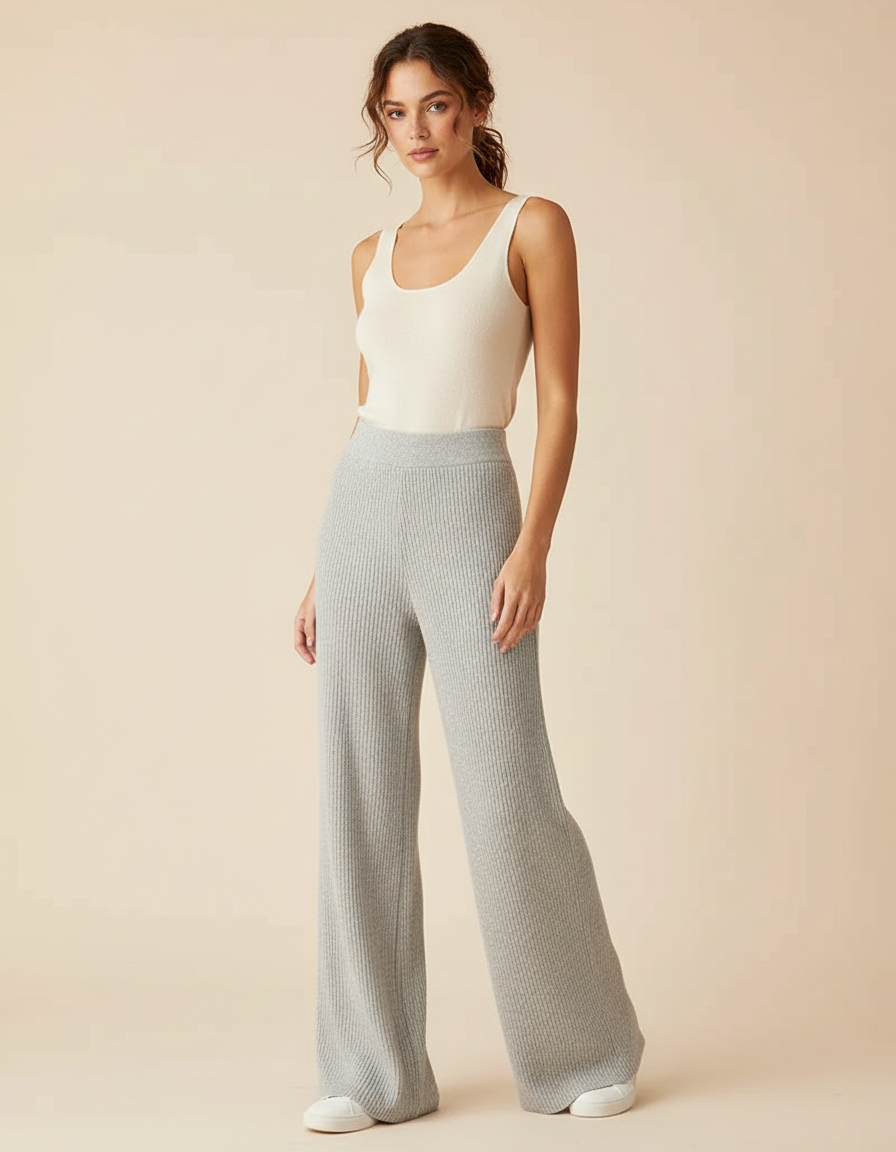 Pantalon Beige Tricoté Côtelé Ample Décontracté - Gris Maille