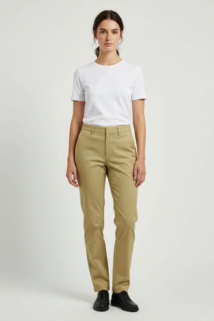 Pantalon Beige Coton Droit Classique Femme Bureau - Kaki Gabardine