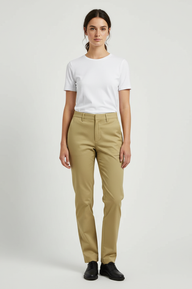 Pantalon Beige Coton Droit Classique Femme Bureau - Kaki Gabardine