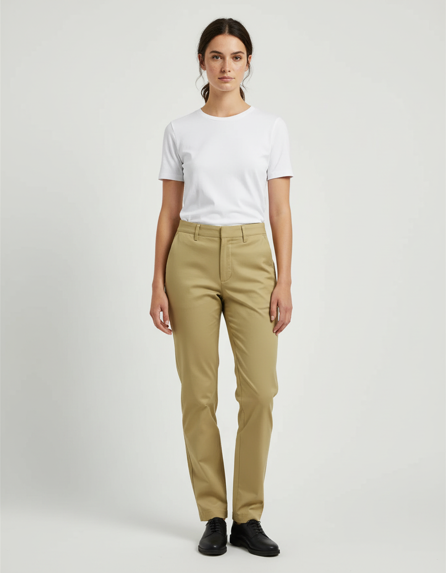 Pantalon Beige Coton Droit Classique Femme Bureau - Kaki Gabardine