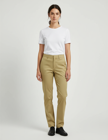 Pantalon Beige Coton Droit Classique Femme Bureau - Kaki Gabardine