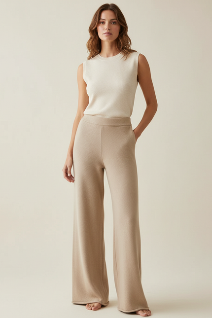 Pantalon Beige Tricoté Ample Décontracté Fluide - Maille