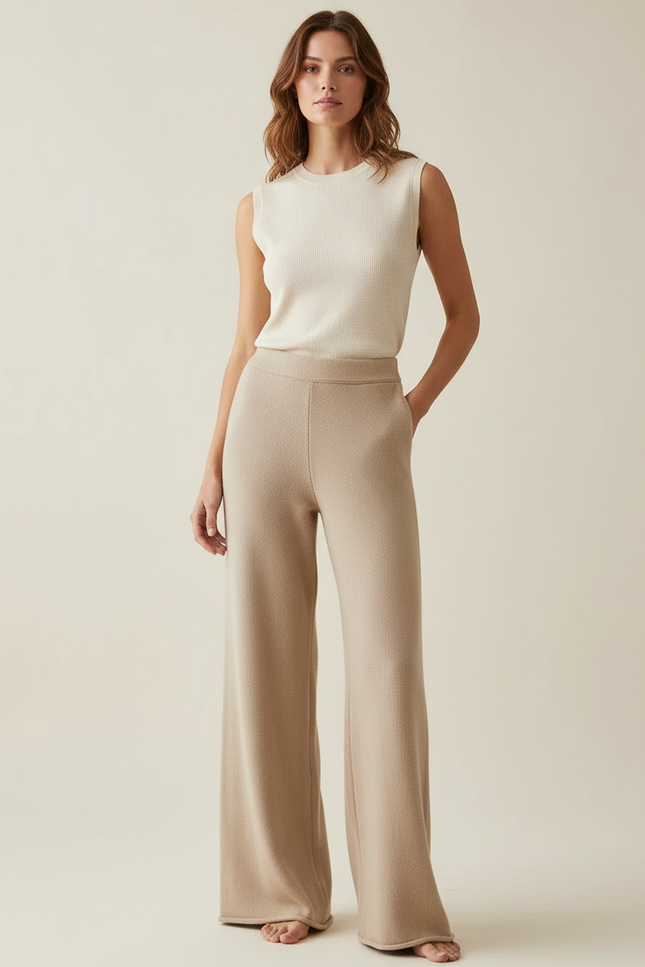 Pantalon Beige Tricoté Ample Décontracté Fluide - Maille