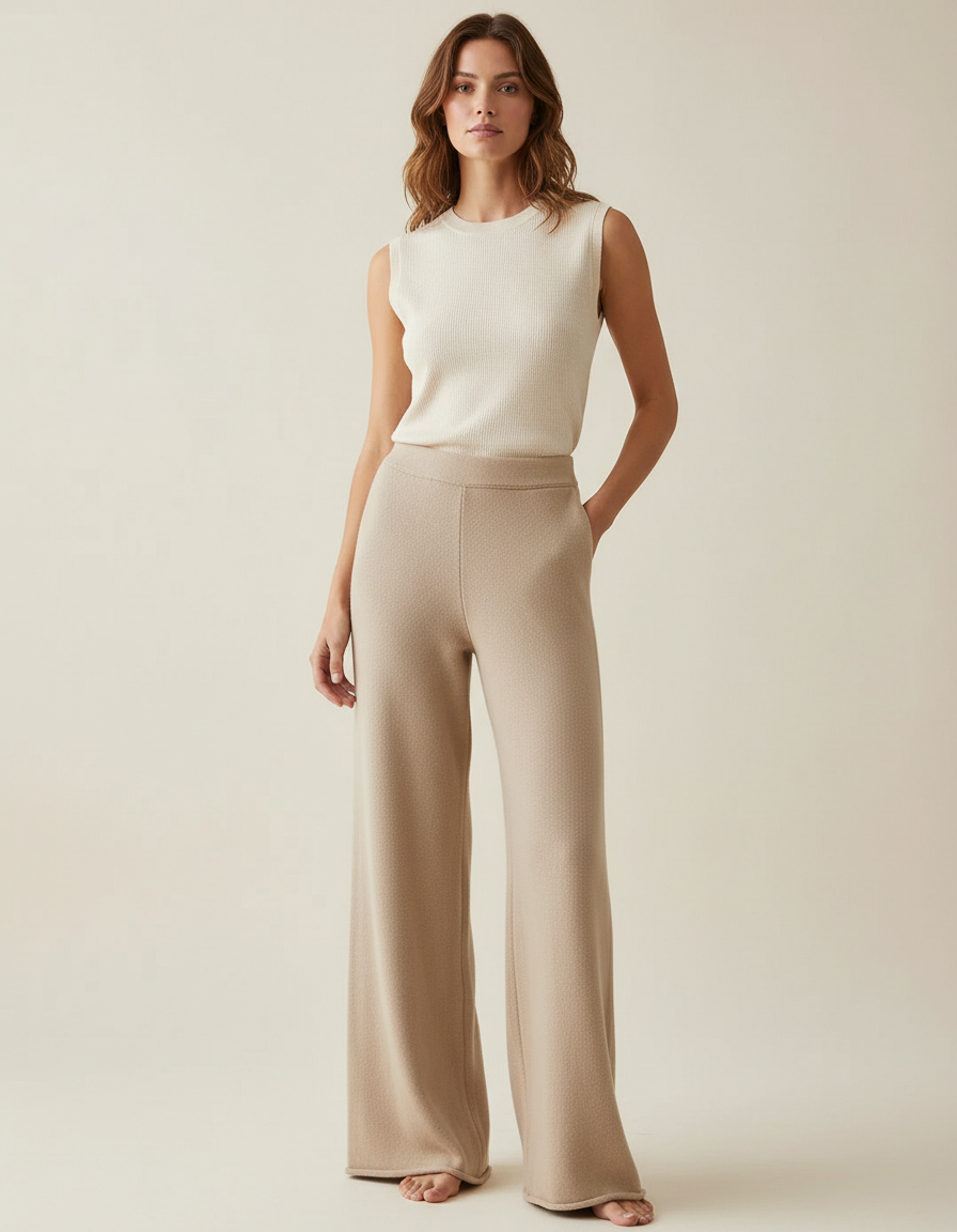 Pantalon Beige Tricoté Ample Décontracté Fluide - Maille