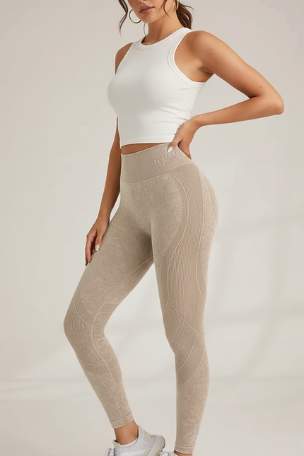 Pantalon Beige Taille Haute Sans Couture Côtelé Sport - Maille