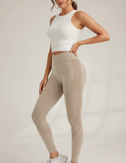 Pantalon Beige Taille Haute Sans Couture Côtelé Sport - Maille