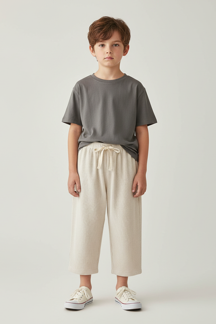 Pantalon Beige Côtelé Ample Enfant Décontracté Cordon - Cordé