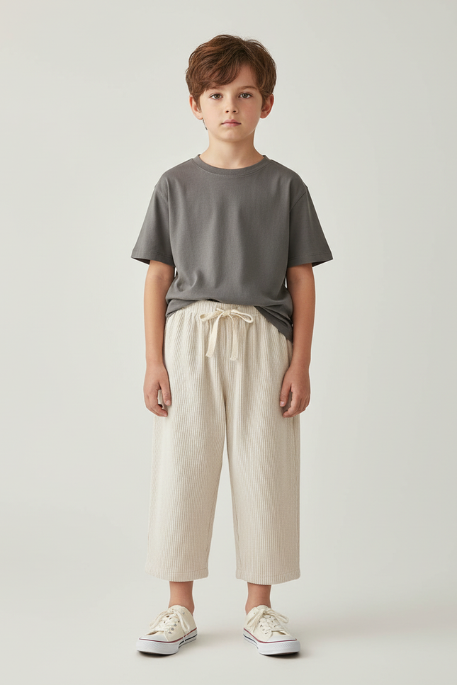 Pantalon Beige Côtelé Ample Enfant Décontracté Cordon - Cordé