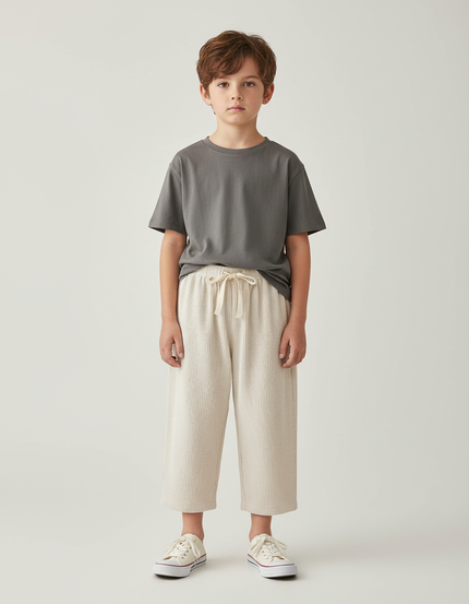 Pantalon Beige Côtelé Ample Enfant Décontracté Cordon - Cordé