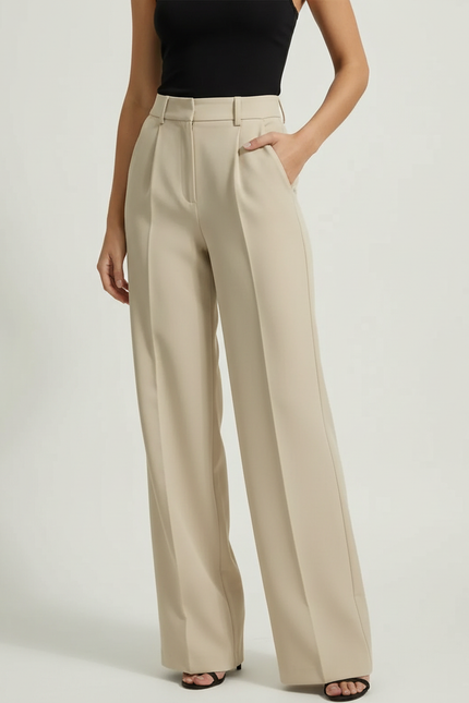 Pantalon Beige Élégan Droit Fluide Taille Haute Femme - Viscose