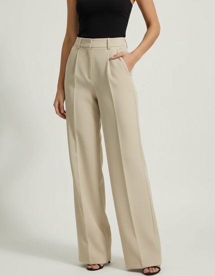 Pantalon Beige Élégan Droit Fluide Taille Haute Femme - Viscose