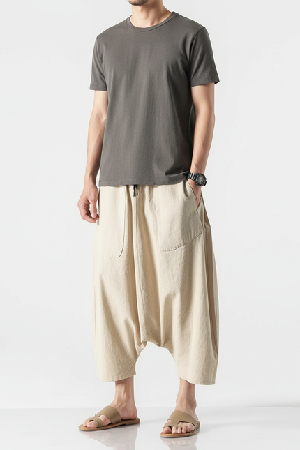 Pantalon Beige Ample Coton Lin Homme