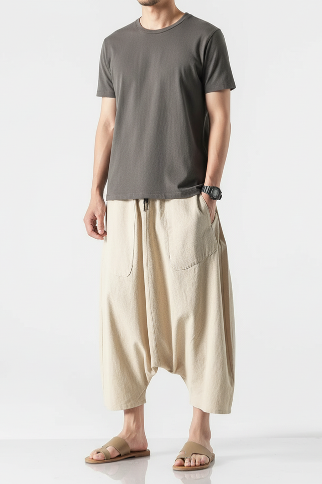 Pantalon Beige Ample Coton Lin Homme