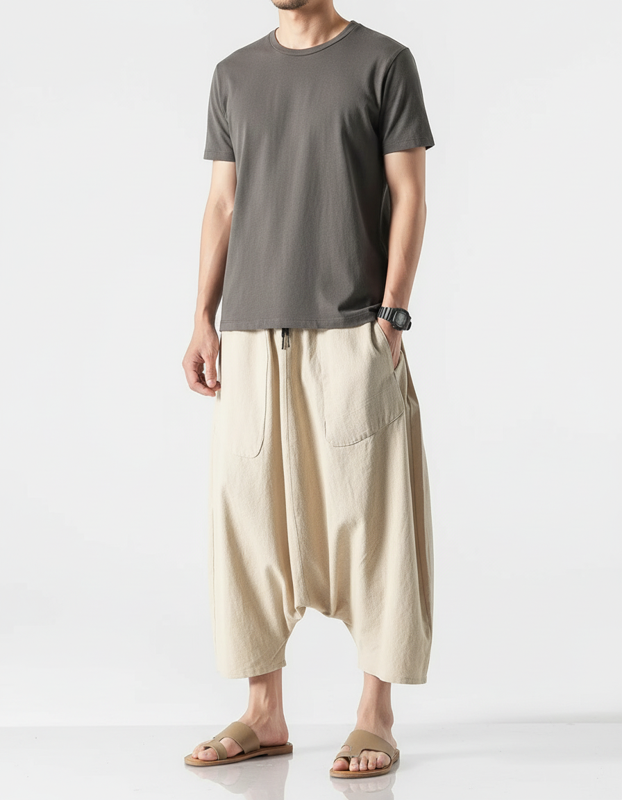 Pantalon Beige Ample Coton Lin Homme