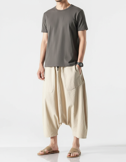 Pantalon Beige Ample Coton Lin Homme