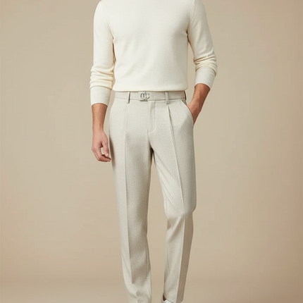 Pantalon Beige Plissé Droit Élégant Business Homme - Laine