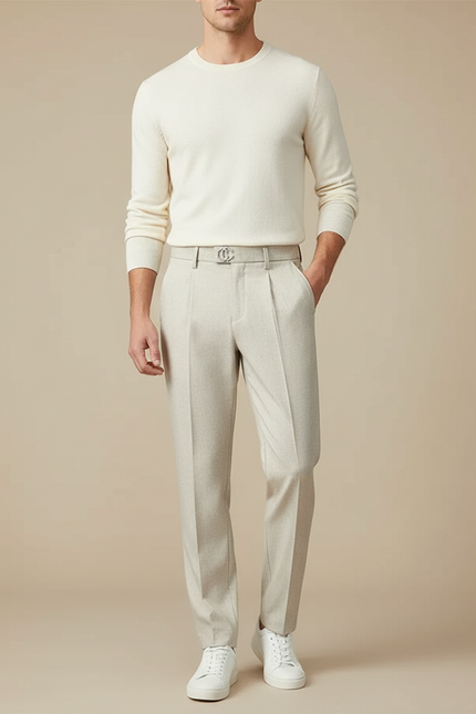 Pantalon Beige Plissé Droit Élégant Business Homme - Laine