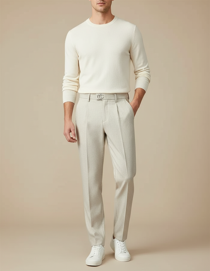 Pantalon Beige Plissé Droit Élégant Business Homme - Laine