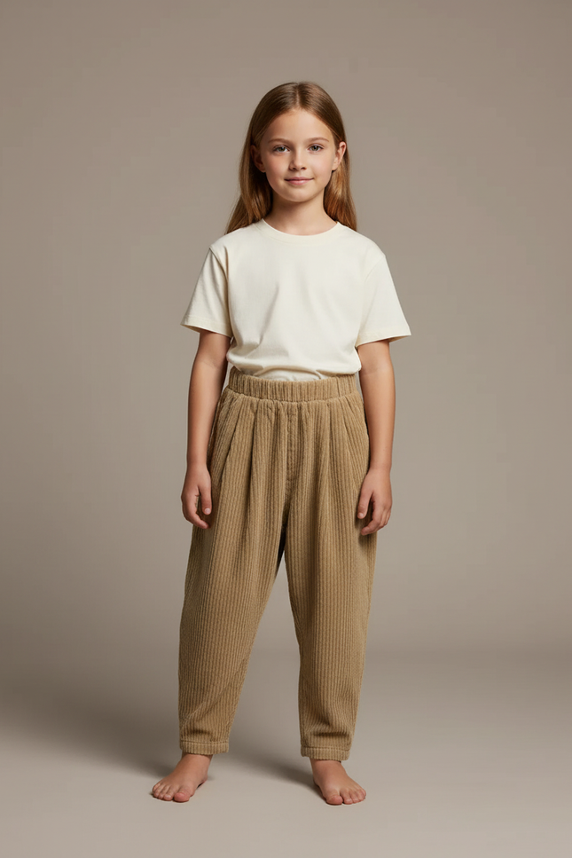 Pantalon Beige Côtelé Ample Taille Élastique Enfant - Cordé