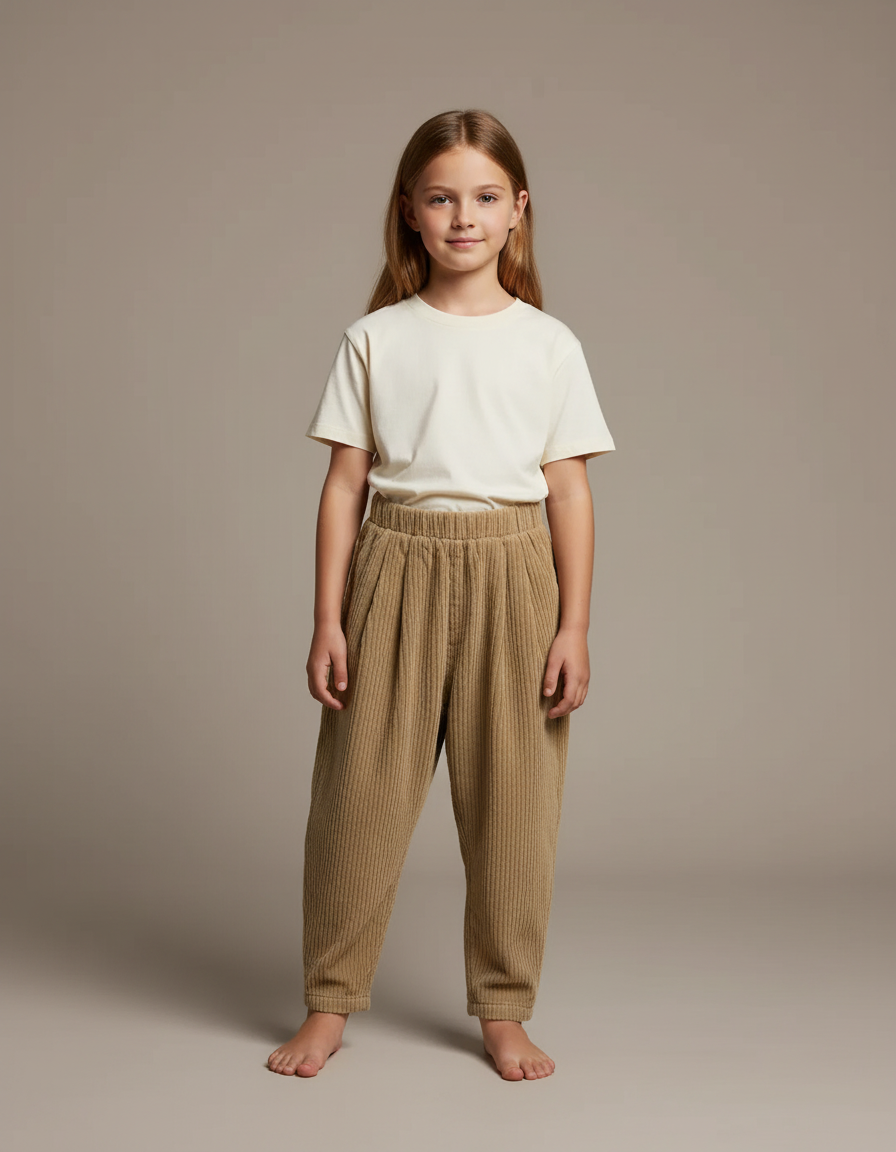 Pantalon Beige Côtelé Ample Taille Élastique Enfant - Cordé