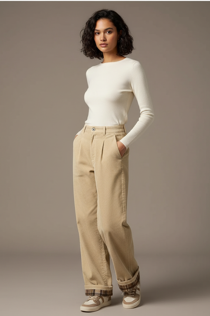 Pantalon Beige Côtelé Plissé Ample Doublé Femme - Cordé