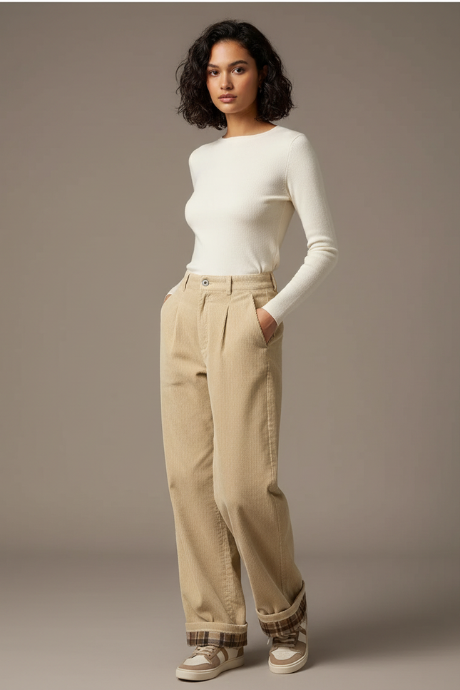 Pantalon Beige Côtelé Plissé Ample Doublé Femme - Cordé