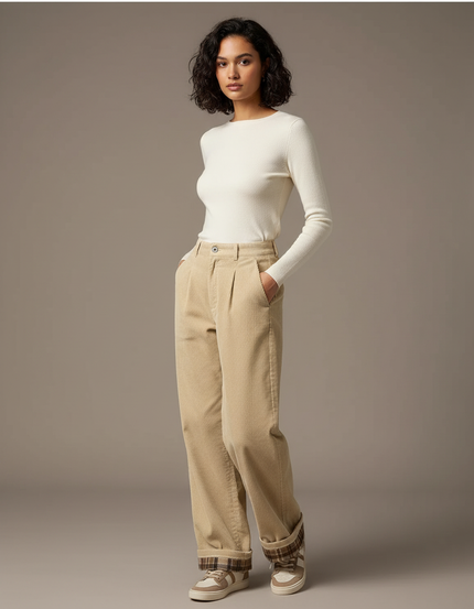 Pantalon Beige Côtelé Plissé Ample Doublé Femme - Cordé